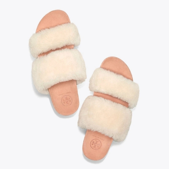 Tory Burch Sheldon Shearling Two Band Slide in Natural $328, Sz 9, NIB! - Picture 1 of 4